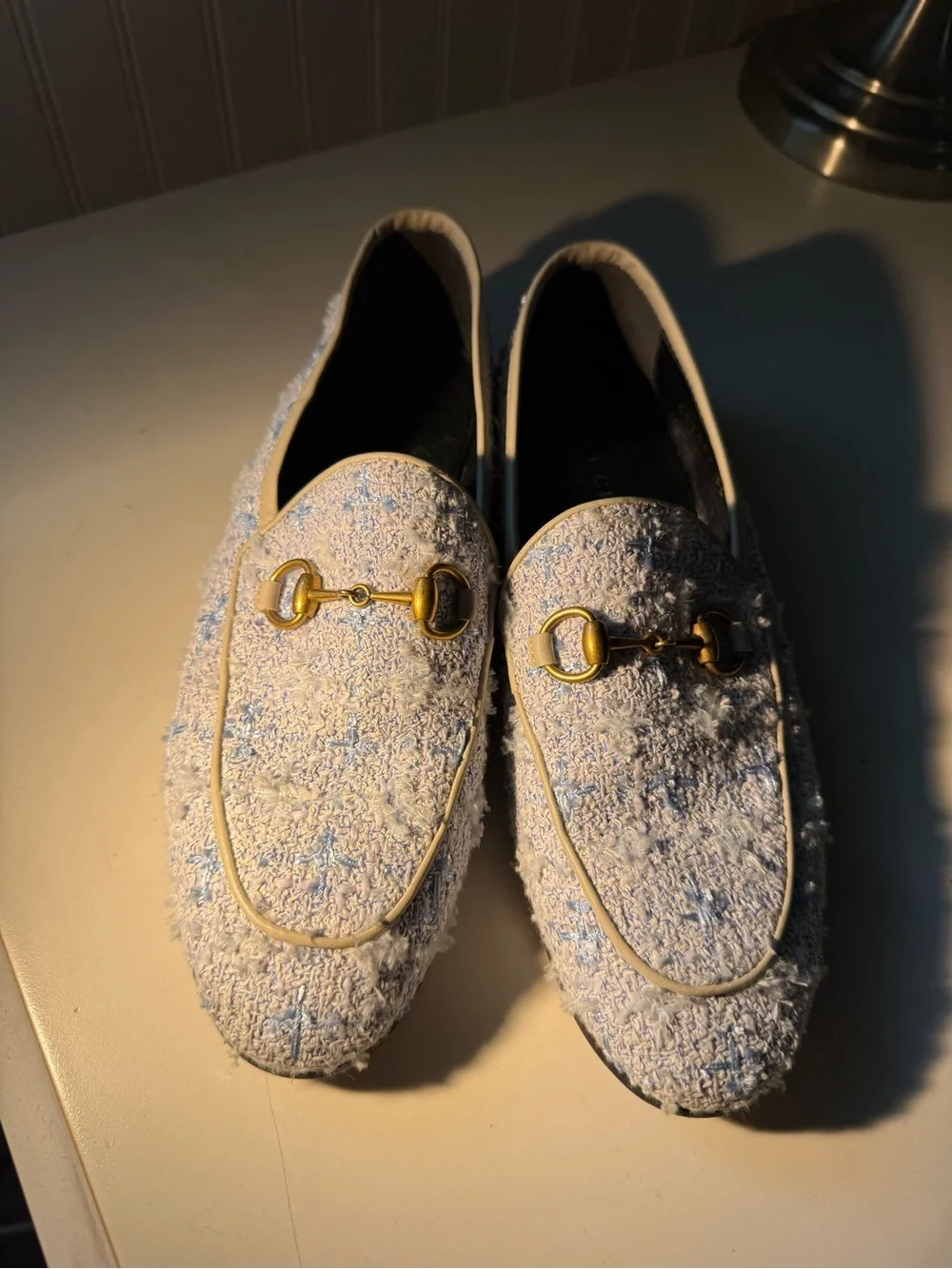 Gucci Cream and Light Blue Textured Men's Slip-On Loafers with Gold Bit